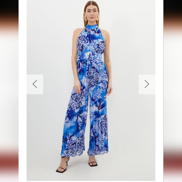 KAREN MILLEN Blue Floral Georgette Woven Halter Pleated Jumpsuit NWT sz. 4 - Picture 1 of 8